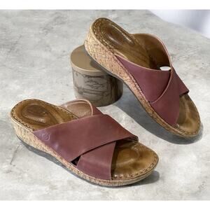 Born Lola Platform Women’s 9 Maroon Leather Criss Cross Cork Wedge Slide Sandals